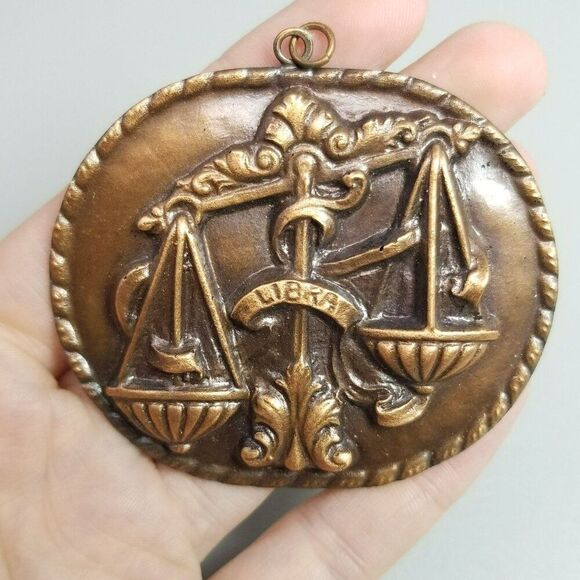 Vintage Large Libra Scales Pendant, Copper Zodiac Sign, Oval Shape, Estate - Picture 6 of 7